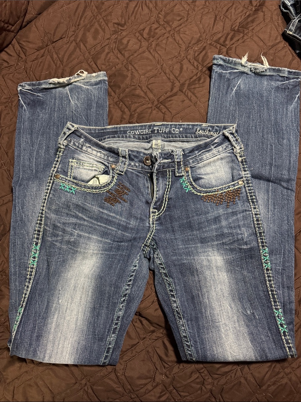 Cowgirl Tuff Blue Denim Boot Cut Jeans with Turquoise & Brown Embroidery